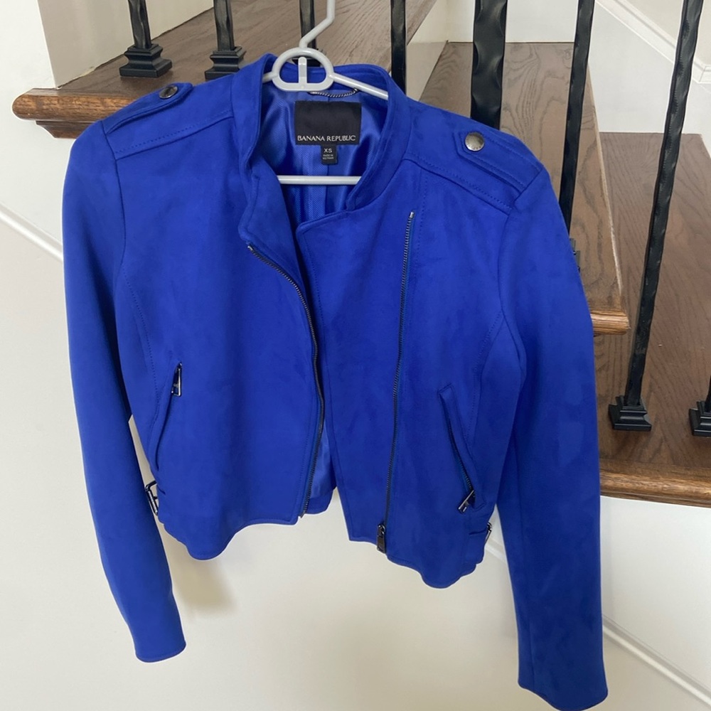 Blue vegan suede Moto jacket by Banana Republic